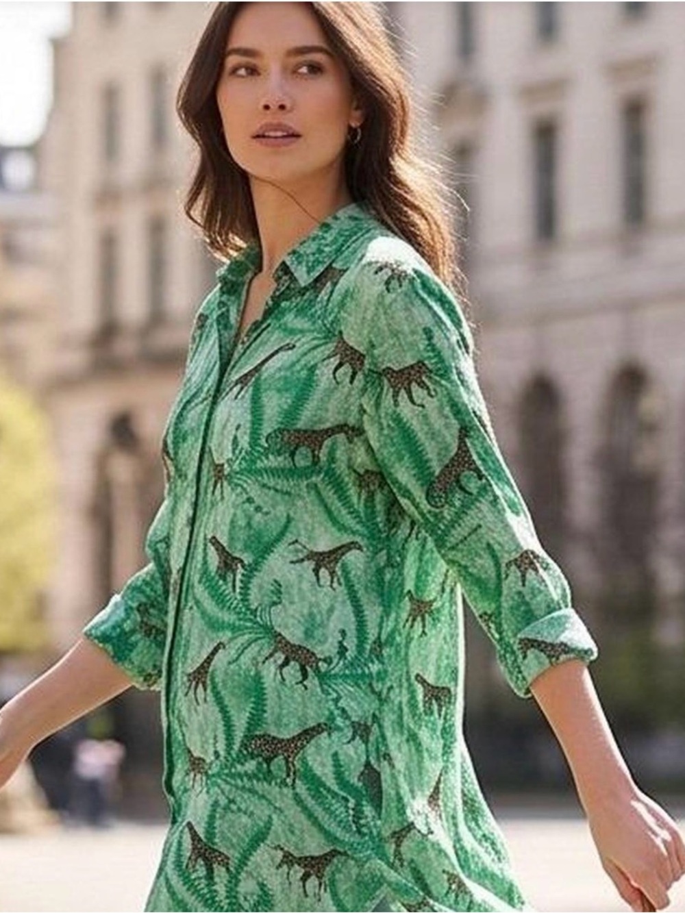 Jane + Delancey Giraffe Print Green Button Front Shirt Dress Swimsuit Cover-Up M